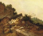 Jacobus Mancadan A rocky landscape with two peasants conversing near classical ruins Spain oil painting artist